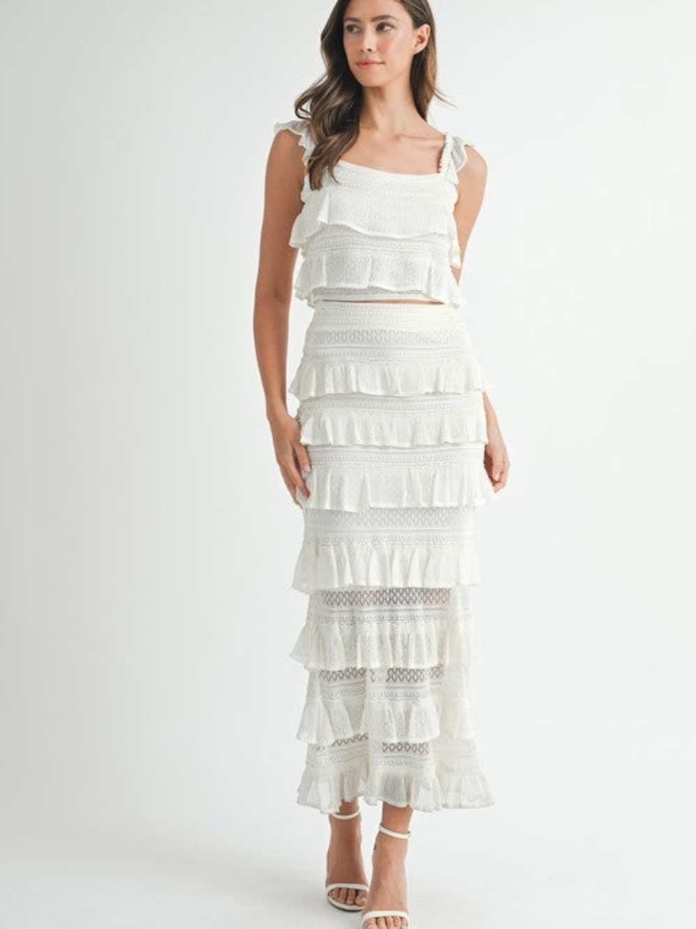 Amable White Ruffled Tiered Top and Maxi Skirt Set Size Small - Off White